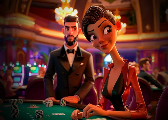 Animated casino scene featuring stylish characters playing poker, created by professional casino game developers