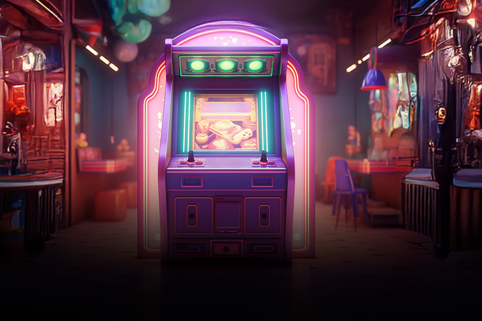 Kid playing with joystick in an arcade game development setup