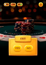 Casino game development exit screen with poker chips and card deck background