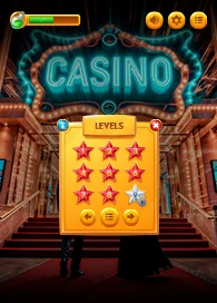 Casino game development level selection screen with neon lights and star ratings