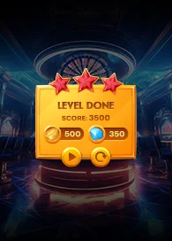 Casino game development level completion screen with stars, coins, and gem rewards