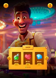 Casino game development shop screen with animated character and gem purchase options