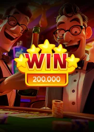 Casino game development win screen showing animated characters celebrating a coin jackpot