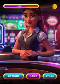 Custom casino game development interface with animated dealer and in-game navigation options