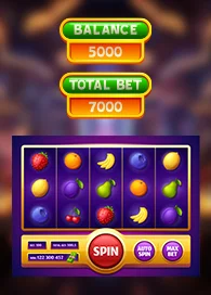 Colorful fruit-themed slot machine screen with balance, total bet, and spin options, showcasing an interactive design for slot game development.