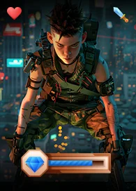 Futuristic character for shooter game development with city background and UI elements