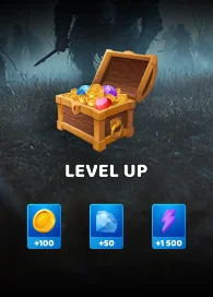 Shooter game development level-up reward screen with treasure and bonuses