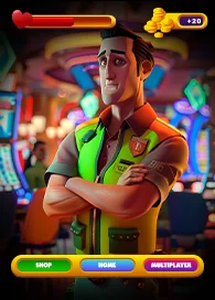 Stylized animated character with arms crossed in front of slot machines, featuring shop, home, and multiplayer options—ideal for slot game development interfaces.