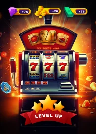Slot machine showing triple sevens with a 'Level Up' banner, representing progress in slot game development.