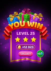 Slot game development win screen showing Level 25 rewards, three stars, coins collected, and gift boxes on a purple background.